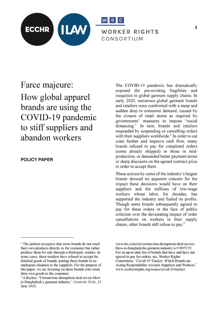 Farce majeure: How global apparel brands are using the Covid-19 pandemic to stiff suppliers and abandon workers